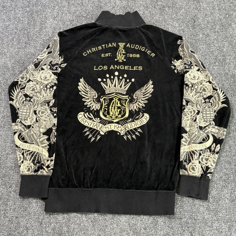 Christian Audigier Velour Track Jacket Men's L Black Tattoo Graphic Y2K Full Zip